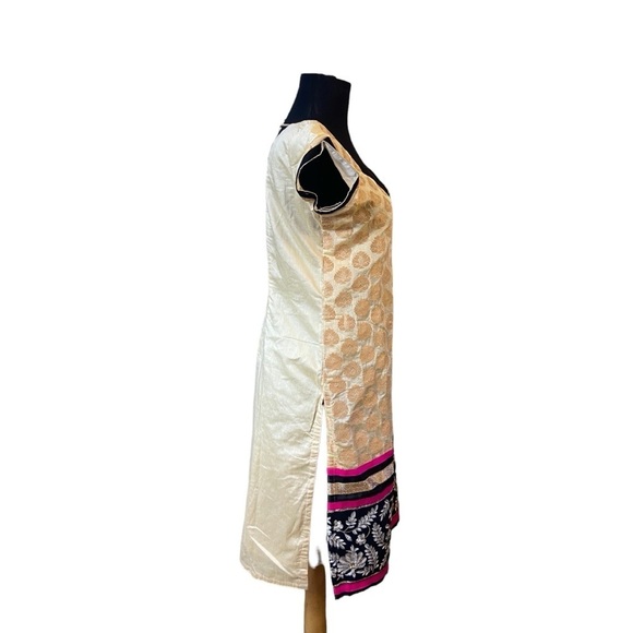 Beautiful Cream Gold Kurta With Pink Black Gold Embroidery at Bottom - Picture 7 of 15